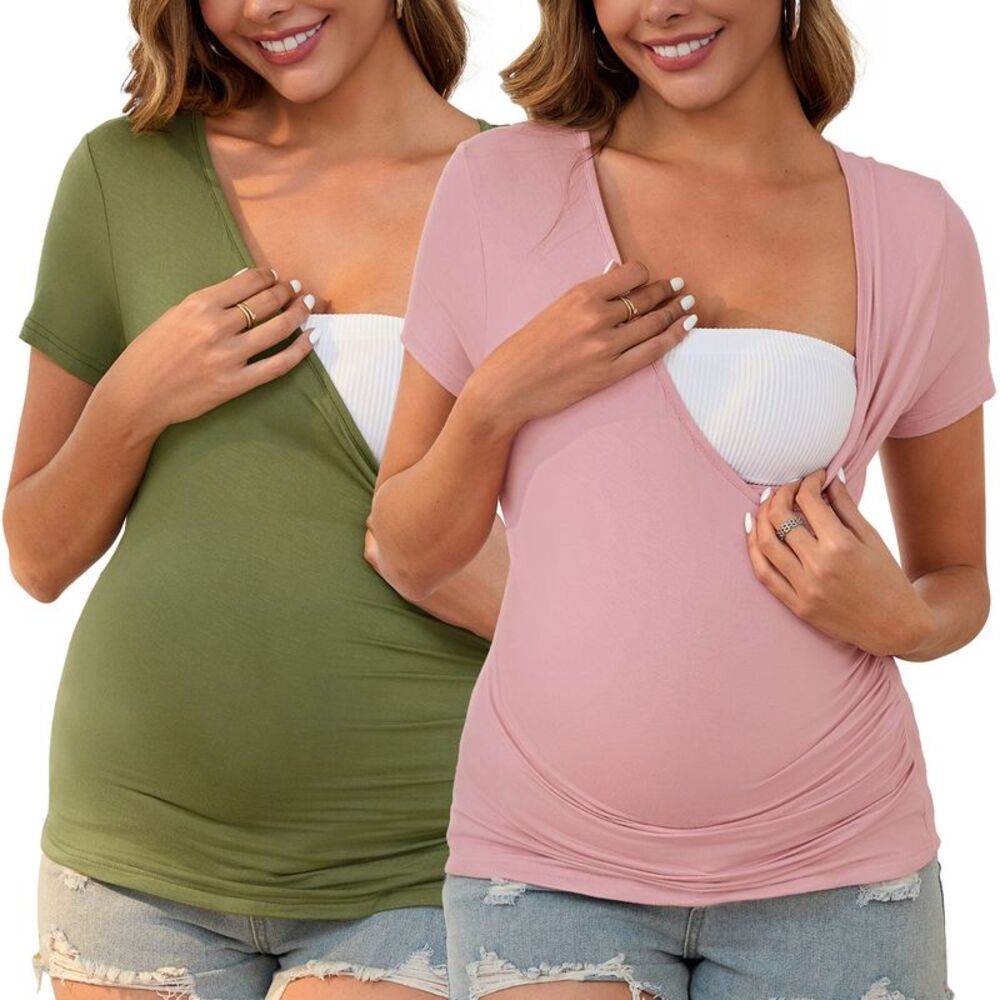 2 Pack Wrap V Neck Breastfeeding Stretch Maternity T-Shirt Pink&Army Green